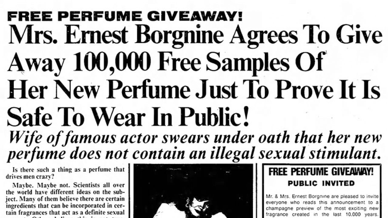 A Sra. Ernest Borgnine vai distribuir 100.000 amostras grátis de seu novo perfume apenas para provar que é seguro usá-lo em público!